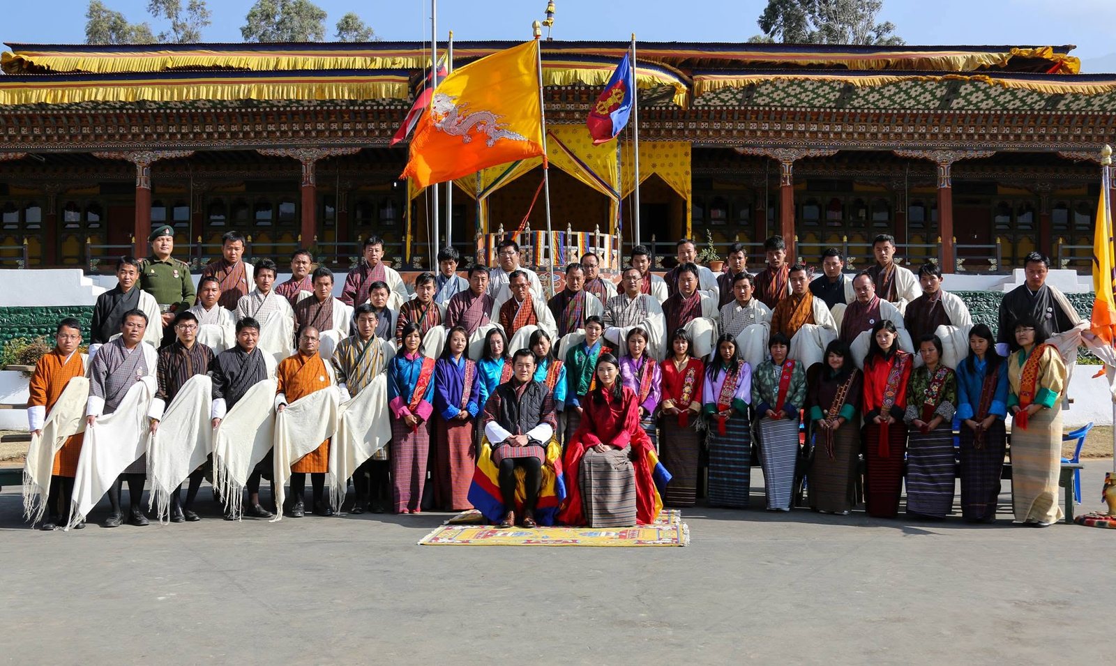 Members of the Trongsa Penlop Thuendrel Club with Their Majesties The King and Queen of Bhutan